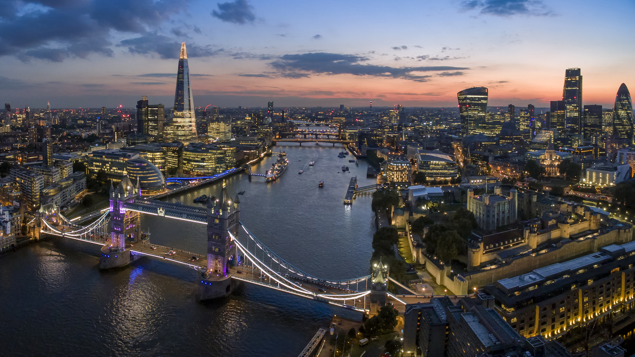 London skyline over the River Thames at dusk