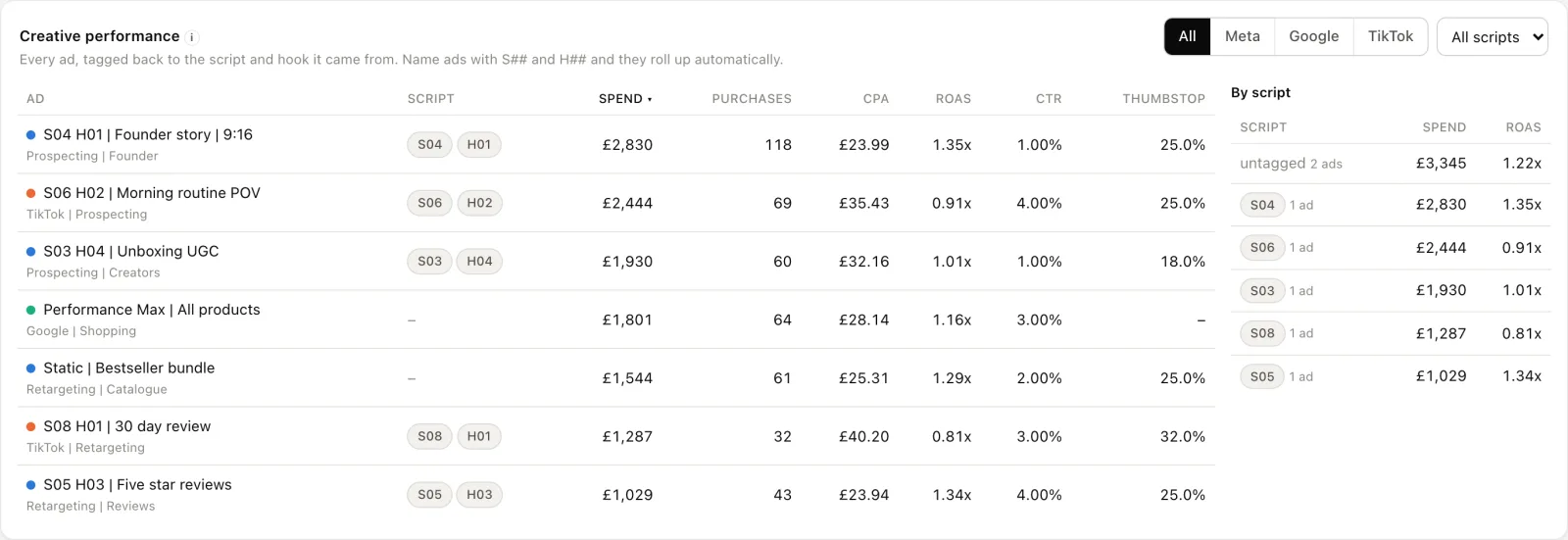 A table of every ad with spend, purchases, CPA, ROAS, click rate and thumbstop, and results grouped by script
