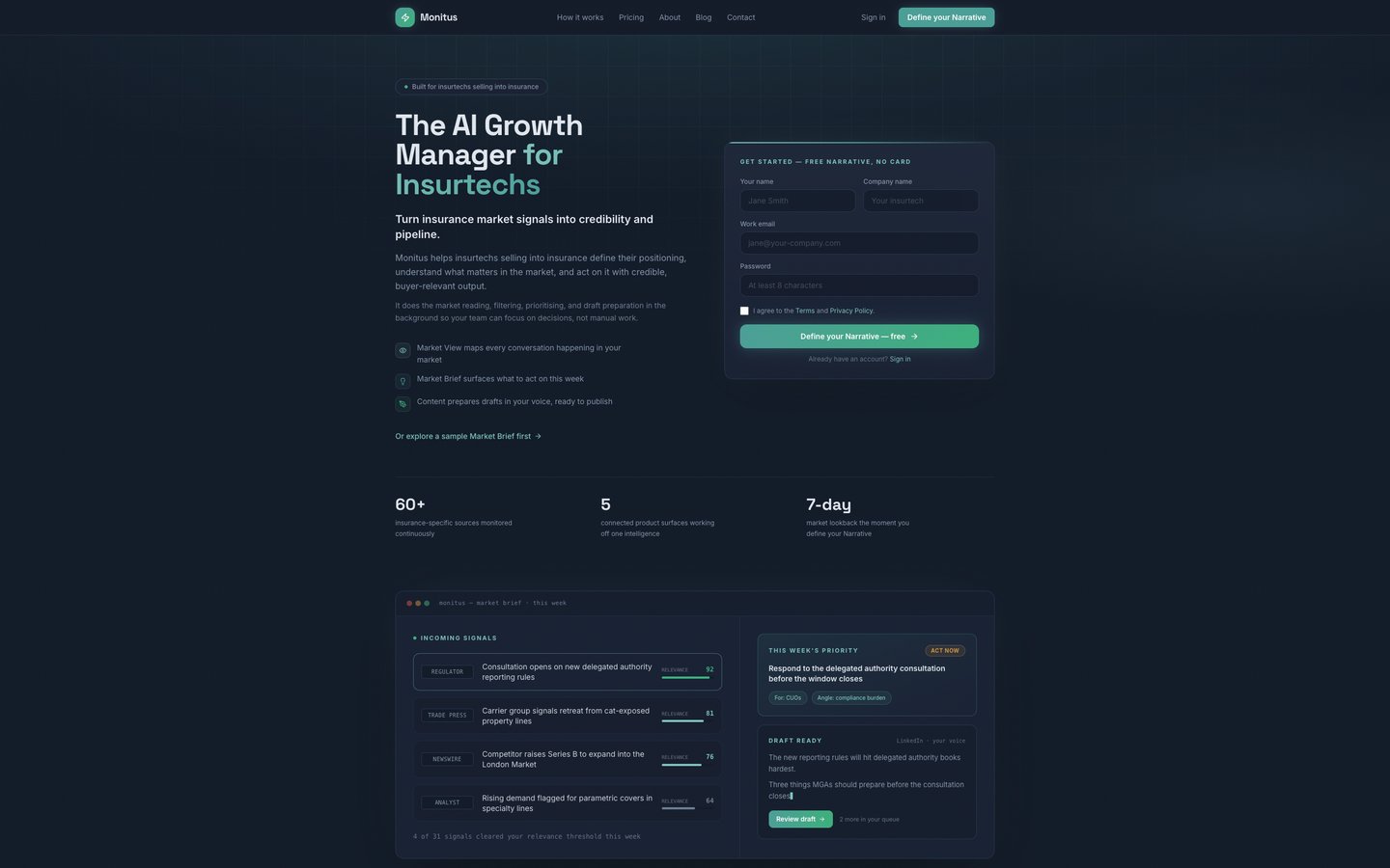 The Monitus landing page with its sign up form