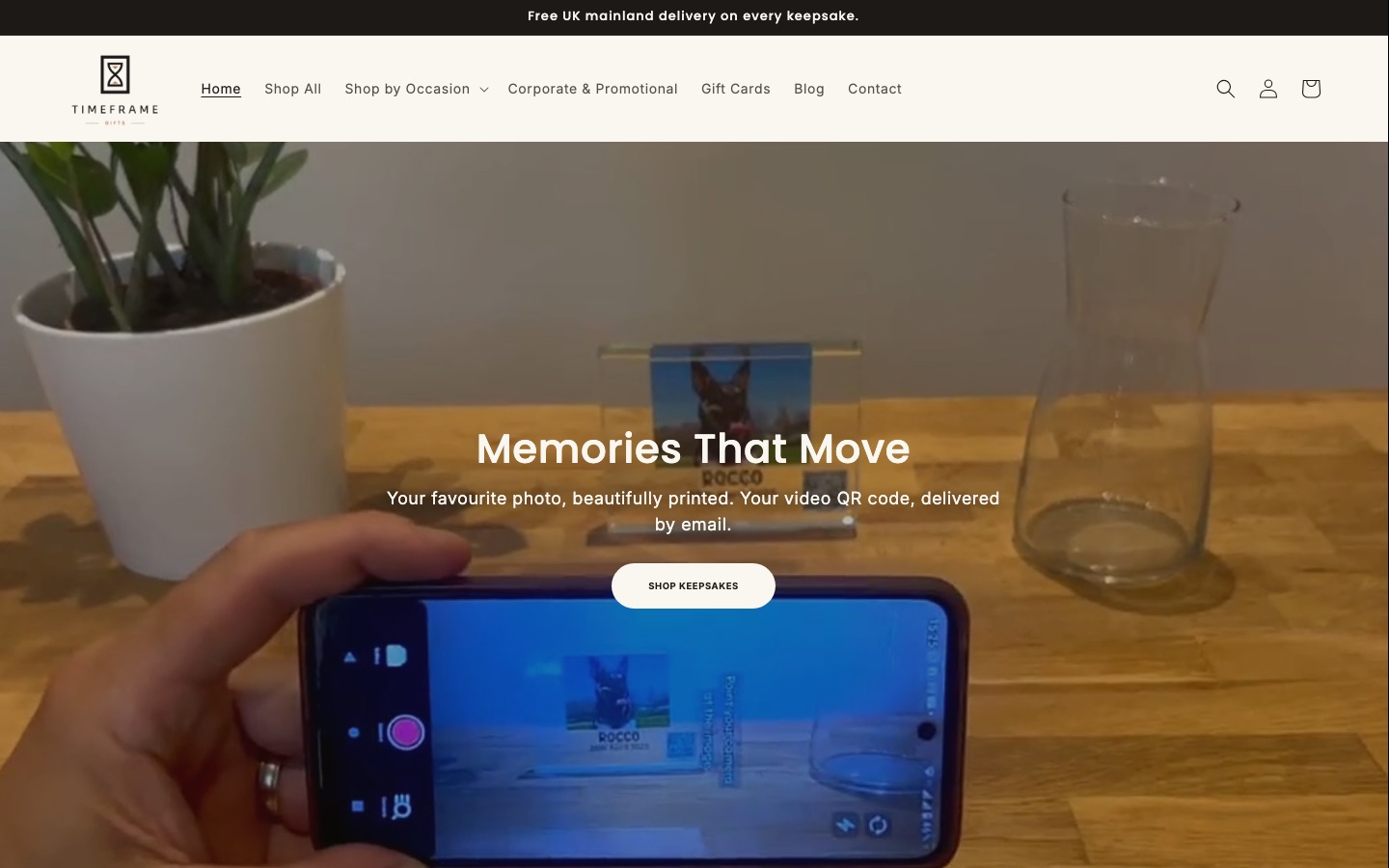Homepage of the TimeFrame Gifts online store