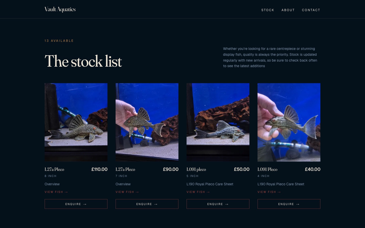 Stock list page of the Vault Aquatics website